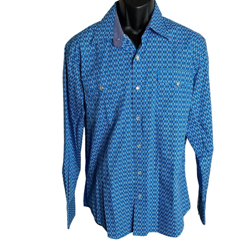 Rodeo Pearl Snap Western Shirt L Blue Geometric Pockets One Point Long Sleeves